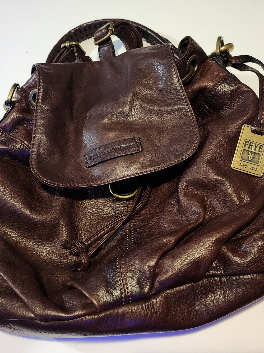 FRYE Brown Leather Drawstring Backpack